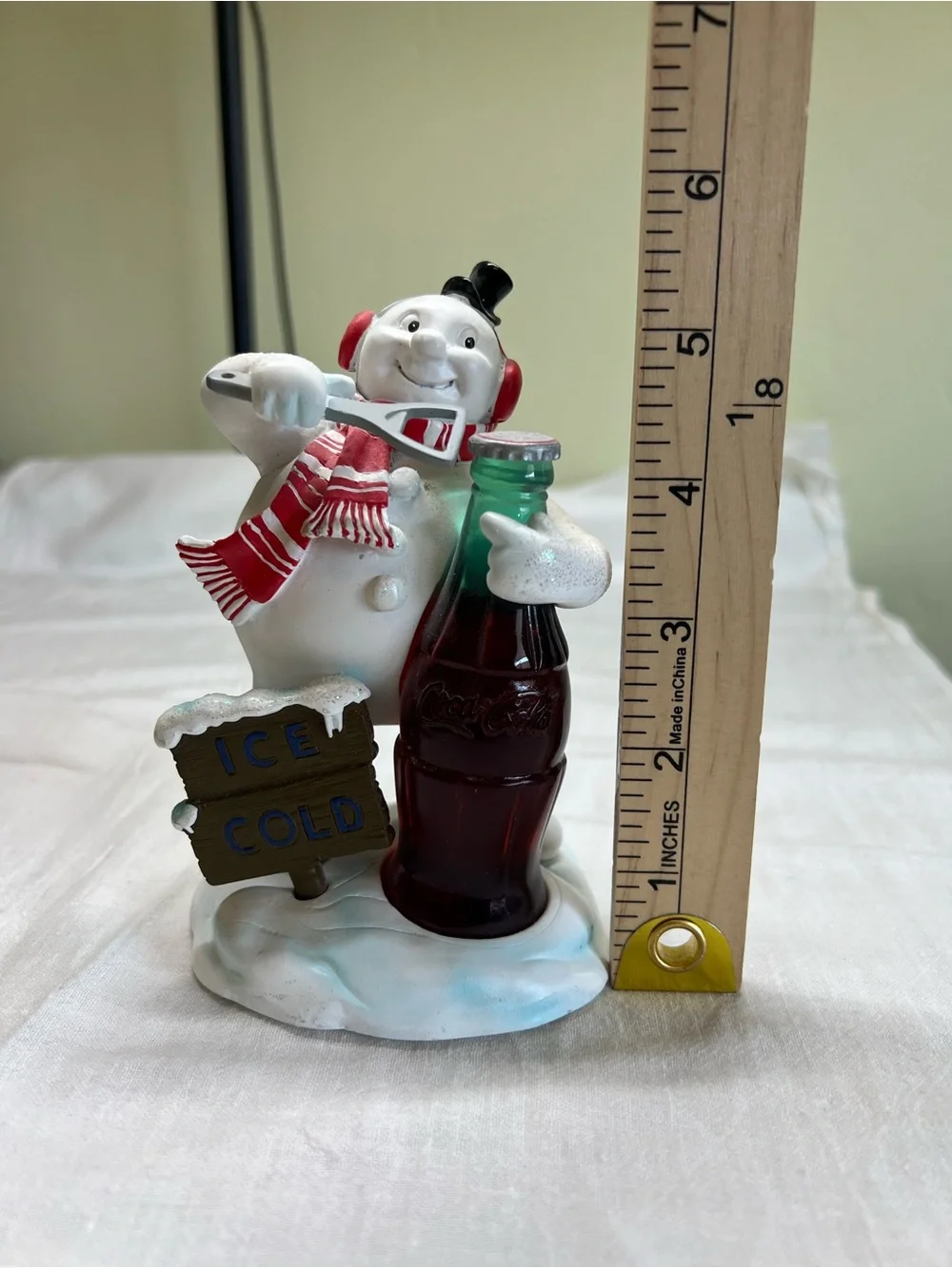 Coca-Cola Ice Cold Snowman Figurine with Coke Bottle Soda Advertising Decor 6”